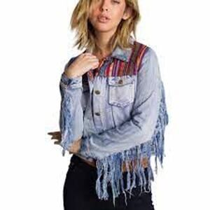 Raga Denim Southwestern Fringe Jean Jacket - Size small